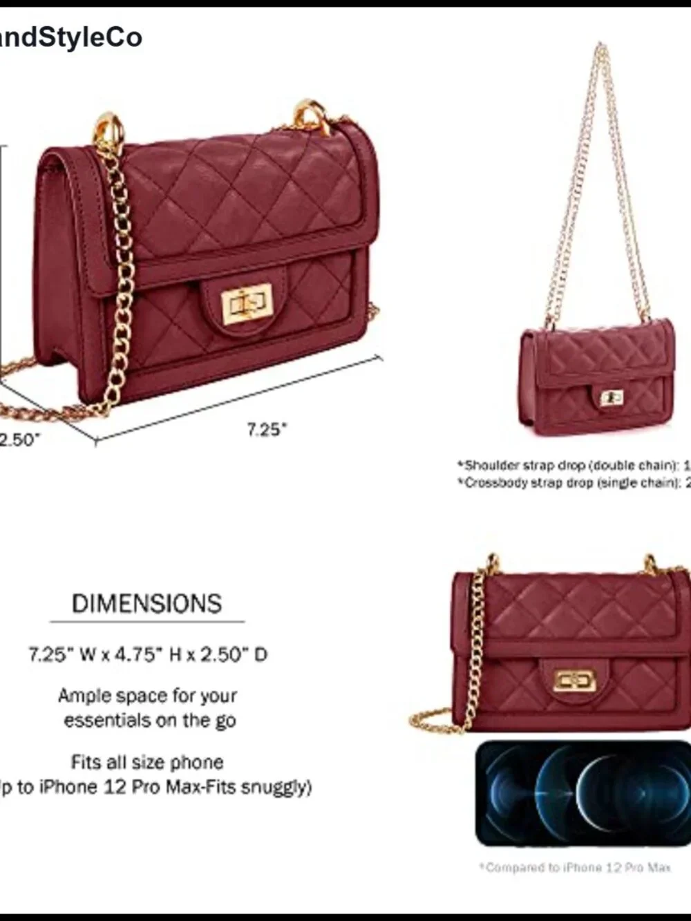 Quilted Vegan Leather Crossbody Bag with Gold Chain Strap, Small Designer